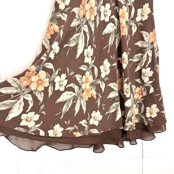 Vintage Silk Maxi A-Line Skirt Womens Sz 8 Brown cream Floral Lined Midi Flowy - Picture 3 of 16